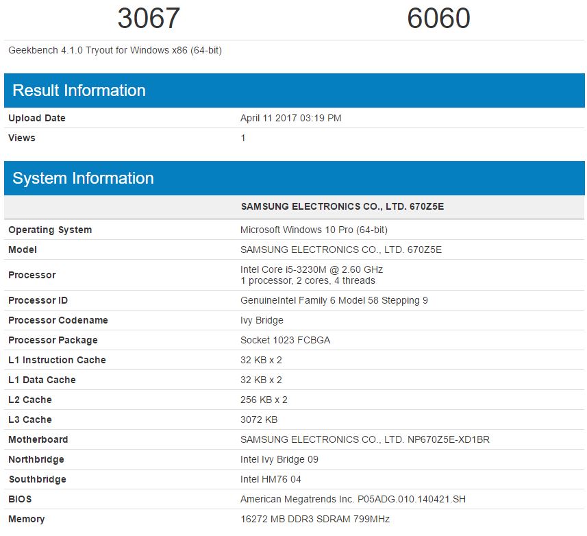 Intel Core i5-3230M - GeekBench 4